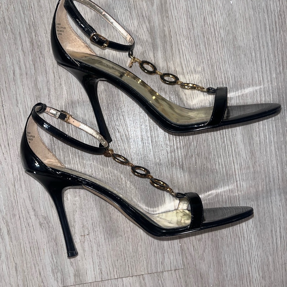 GUESS Black Chain Accent Ankle Strap Strappy Open Toe Leather Stiletto Heels 7.5